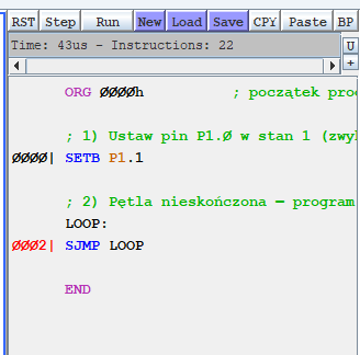 EdSim51 – miejsce na kod i przyciski uruchomienia